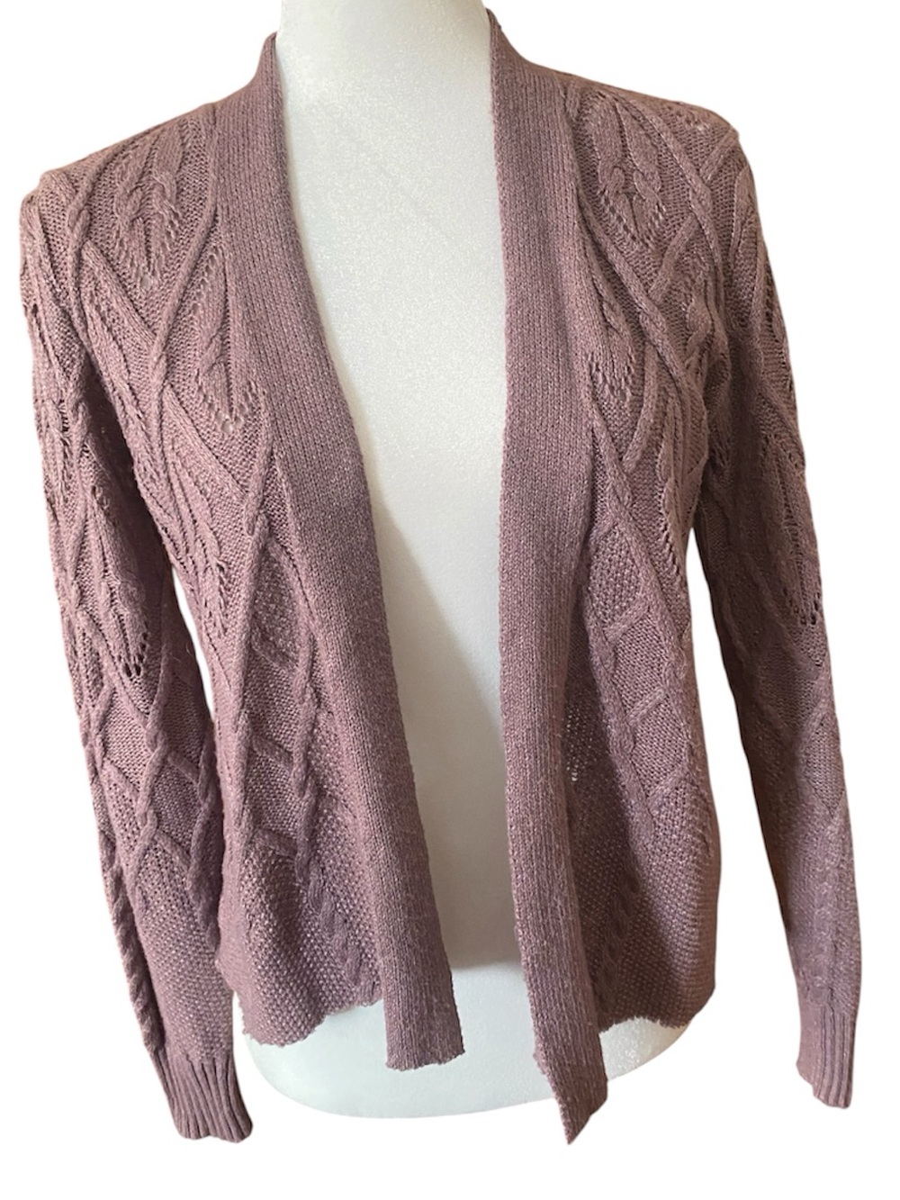 Simply Vera Vera Wang Purple Open Front Cable Knit Pointelle Cardigan Size S